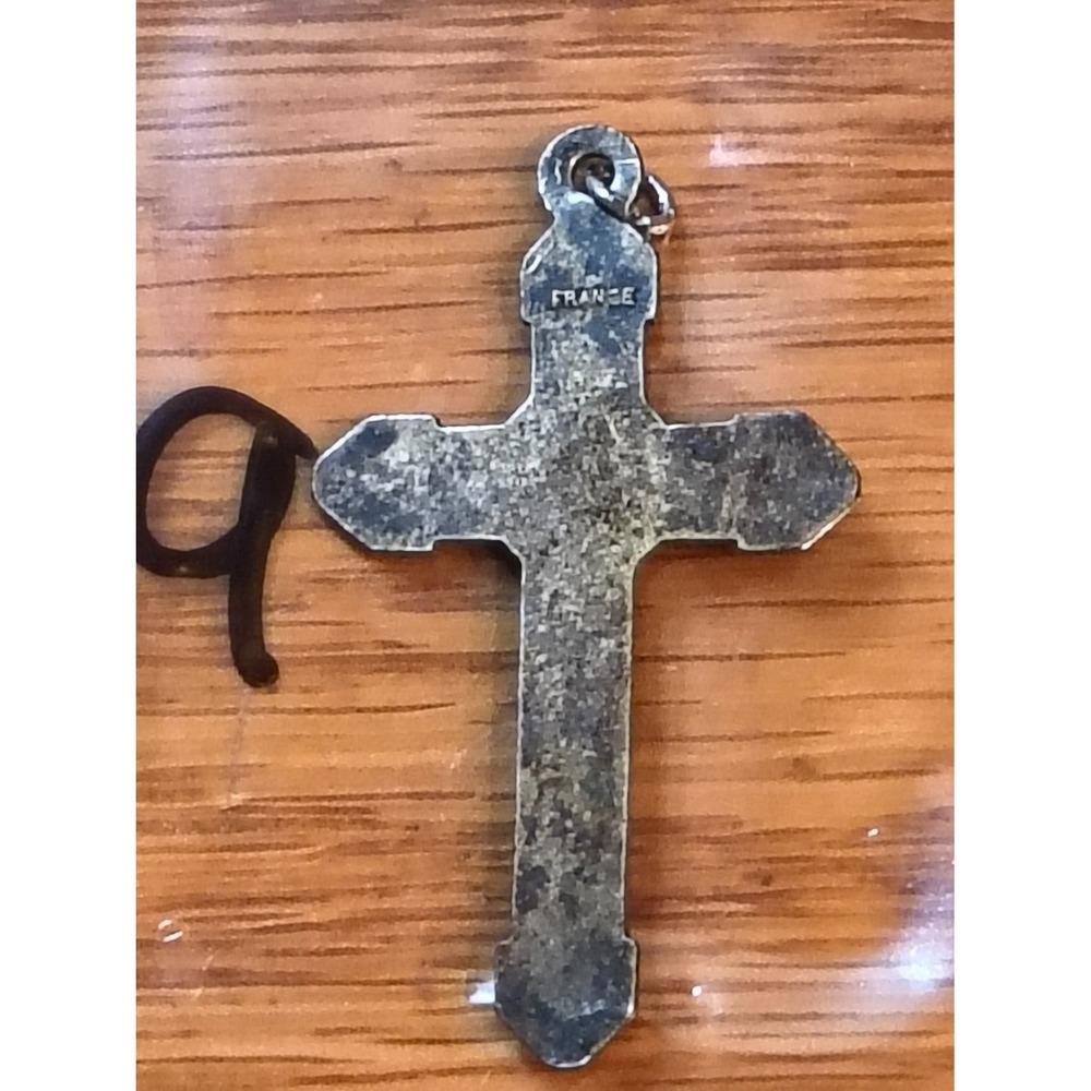 Vintage Catholic Crucifix Cross Pendant Stamped France Silver Tone Metal 724